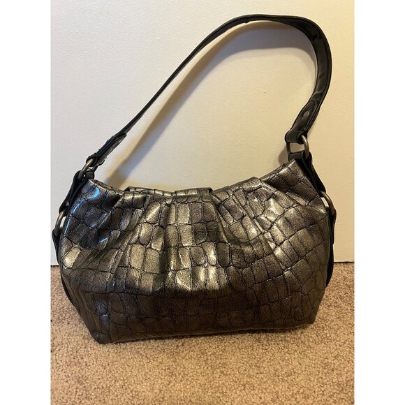 Simply Vera Wang Metallic Croc Embossed Shoulder Bag Black Strap Hobo Purse - Picture 6 of 10